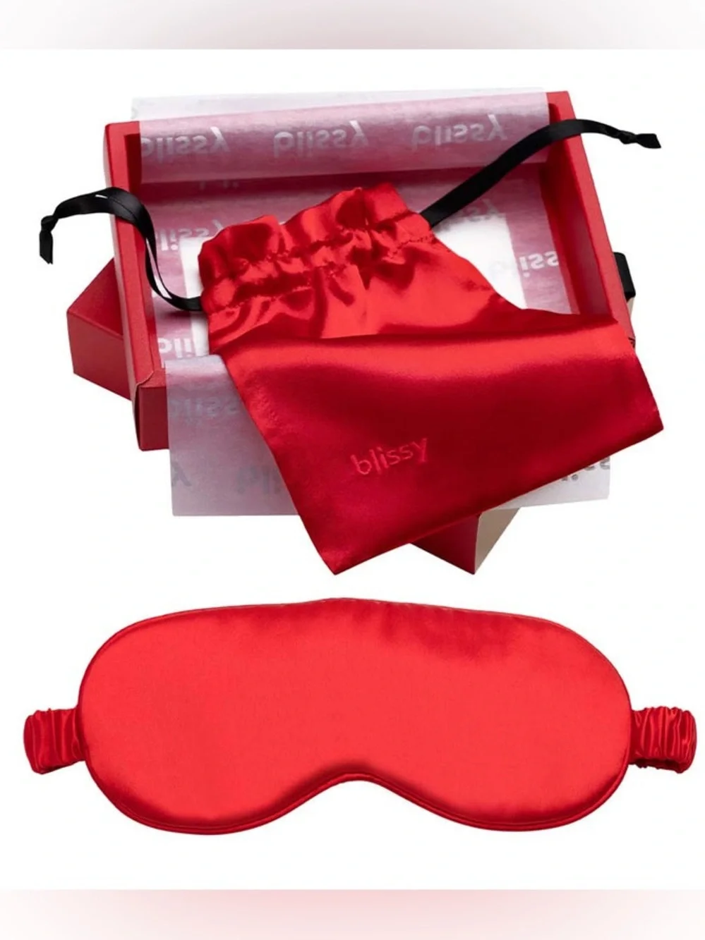 BLISSY 100% PURE MULBERRY SILK SLEEP MASK w/Travel Pouch in RED! NEW/SEALED BOX!